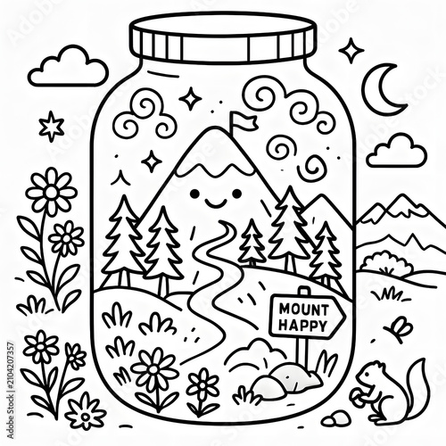 Whimsical Alpine Mountain in Jar Coloring Page