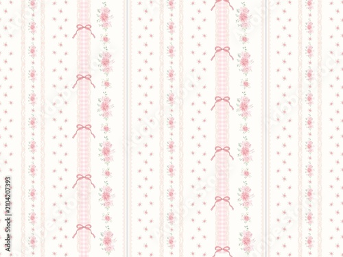 Vintage Pink Rose Ribbon Lace Vertical Stripe Seamless Pattern Background
