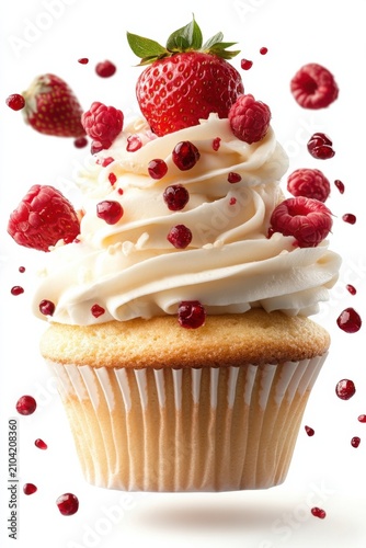 strawberry cupcake flying with whipped cream and fruit topping, isolated on white background