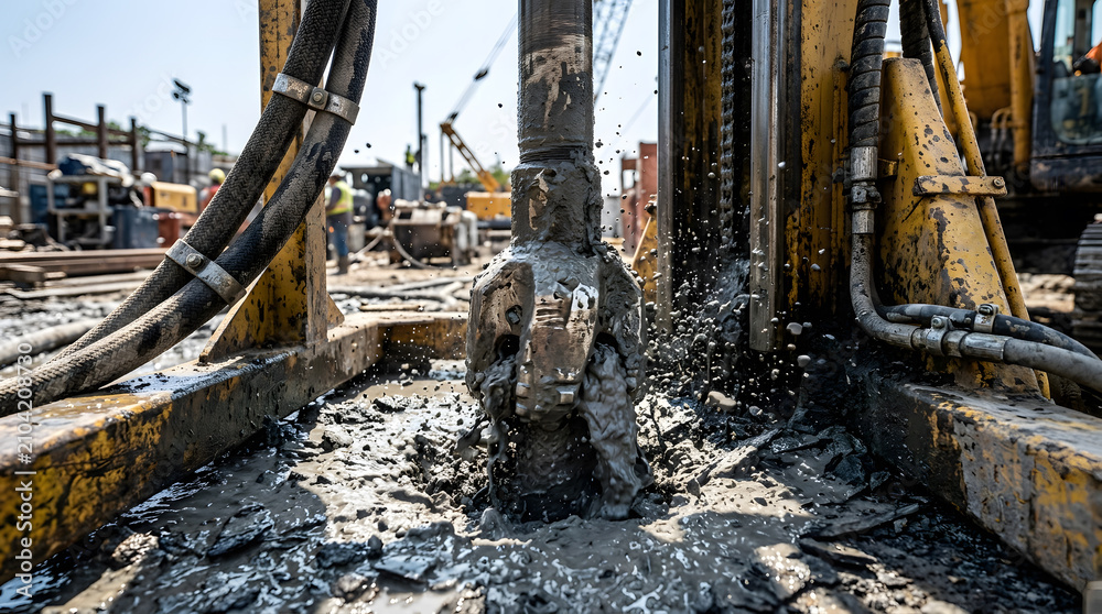 Fototapeta premium industrial drill bit boring through wet mud | deep foundation drilling rig at construction site | heavy machinery for groundwater well installation | geotechnical engineering soil sampling equipment