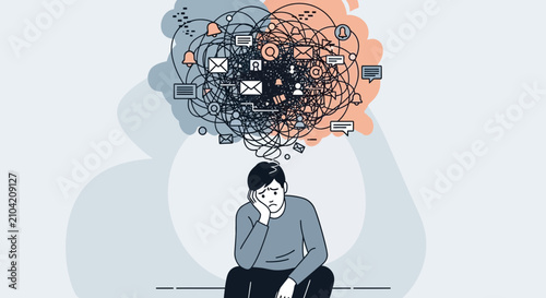 Overwhelmed man with tangled thoughts, digital overload concept illustration