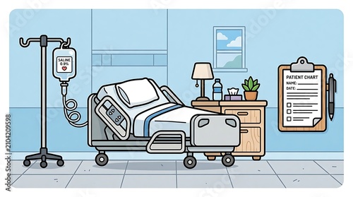 Hospital Room Scene: An illustration of a hospital room with a bed, IV drip, and patient chart, depicting a medical environment.