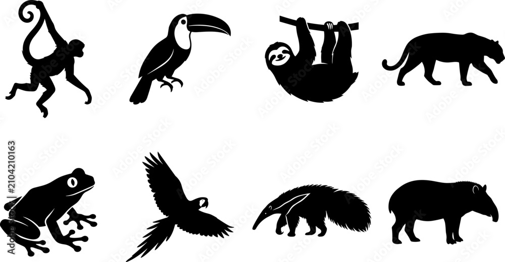 Obraz premium Silhouette collection of tropical rainforest animals including monkey, toucan, sloth, jaguar, frog, parrot, anteater, and capybara
