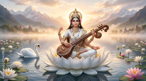 Goddess Saraswati playing veena on lotus in serene mountain lake