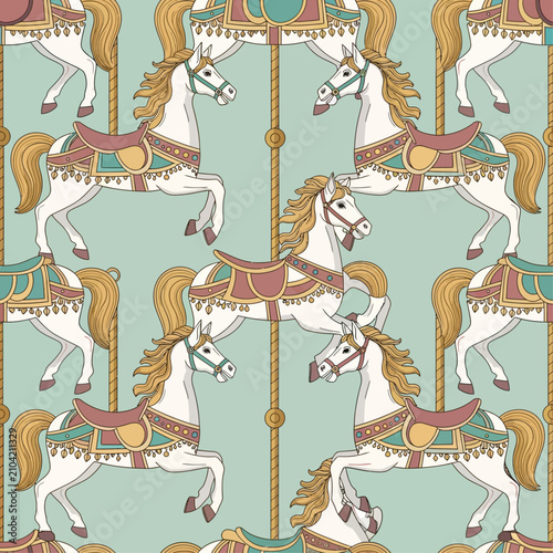 carousel horses seamless pattern vintage amusement park white horses prancing on a soft mint green background perfect for fabric.