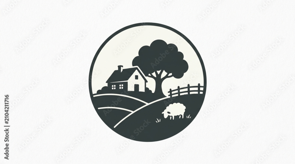 Fototapeta premium Circular Farmhouse Icon with Oak Tree Fence and Grazing Sheep