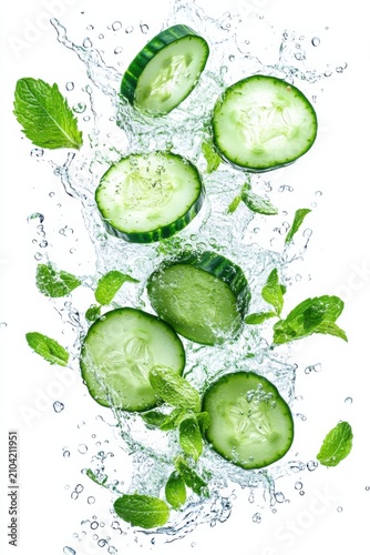 iced cucumber water splash with cucumber slices, isolated on white background