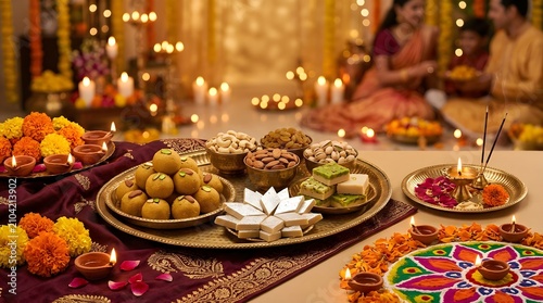 Traditional Indian Diwali Celebration with Sweets and Decorations