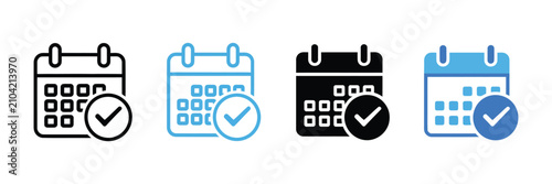 Calendar icon with check mark symbol for schedule confirmation, appointment planning, task management and event organization