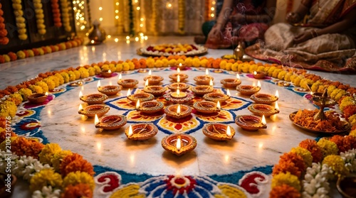 Traditional Indian Diwali Festival with Rangoli and Oil Lamps