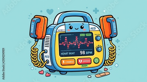 Cute AED Defibrillator Illustration: A charming and friendly cartoon AED defibrillator machine with a smiling face, displaying a heart rhythm on its screen, ready to save a life.