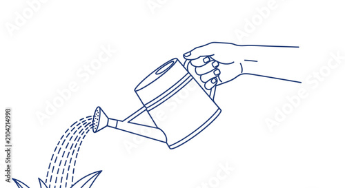 line drawing of hand watering plant with watering can