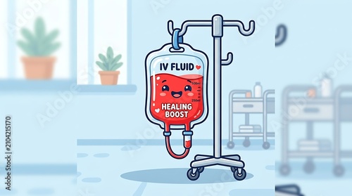IV Fluid Bag's Cheerful Embrace: A whimsical illustration of an IV fluid bag, radiating a warm and friendly smile, promises a Healing Boost as it hangs from a medical stand.