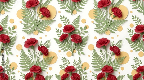 Botanical Pattern: A seamless pattern featuring delicate red roses and lush green ferns, interspersed with golden circles, creating an elegant and natural aesthetic.