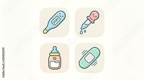 Medical Icon Set: A collection of four charming, hand-drawn icons representing healthcare essentials: a thermometer for temperature measurement, a dropper for liquid medication.