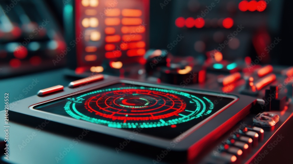 Obraz premium High tech air traffic control radar display featuring illuminated screens and detailed design elements for a cinematic experience