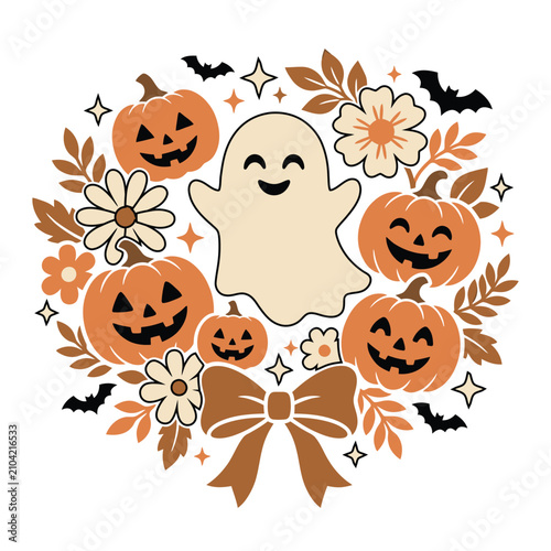 Festive halloween shirt design with ghost pumpkins and floral wreath spooky autumn apparel graphic