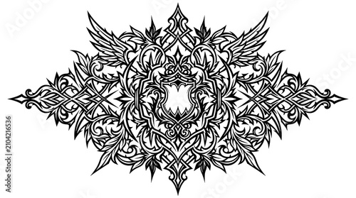 Ornate Emblem: A symmetrical, intricate black and white illustration of an ornate emblem featuring stylized wings, floral elements, and a central shield-like shape.