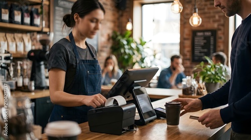 Barista serving customer in cozy coffee shop with modern decor