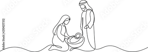 Continuous line drawing of holy family nativity scene featuring virgin mary saint joseph and baby jesus in manger