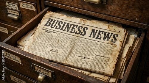 Vintage newspaper in old wooden filing cabinet drawer