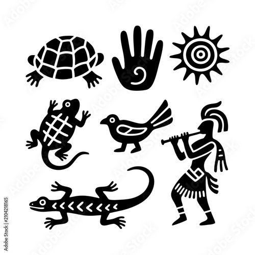 Bild auf Leinwand Ancient Tribal Cave Art Bird Turtle Lizard Flute Player Petroglyph Black Silhoue