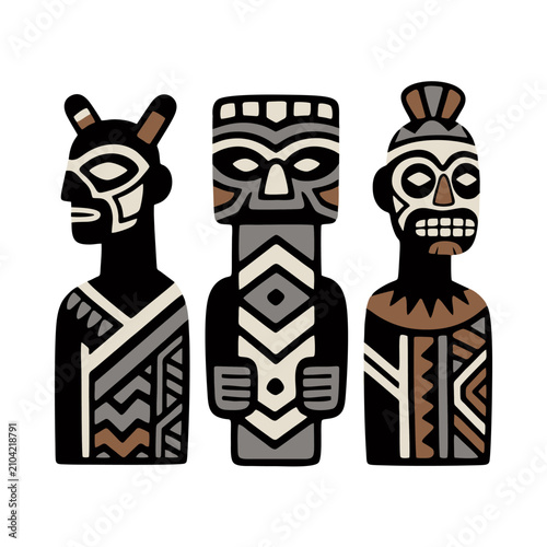 Photos Tiki Tribal Statue Icon Set with Three Wooden Warriors Colored Vector Illustrati