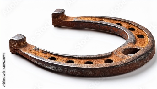 aged rusty horseshoe with nail holes isolated on a white background
