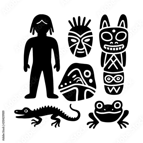 Aztec Mayan Tribal Icon Set with Child Totem Pole Crocodile and Frog Vector Illustration