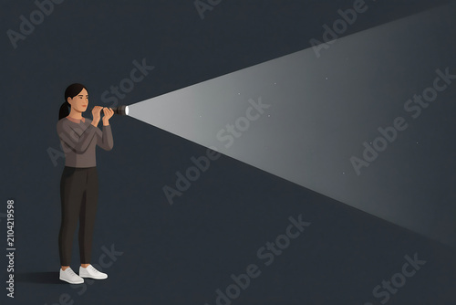 Woman Holding Flashlight Shining Light Through Darkness Illustration