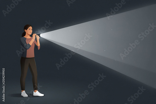 Woman Holding Flashlight Shining Light Through Darkness Illustration