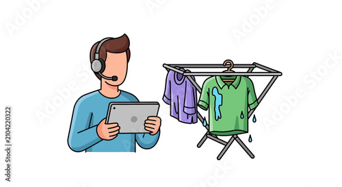 Man multitasking work on tablet with laundry chores.