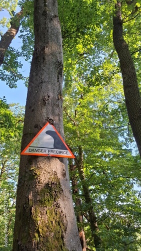 Cliff danger warning sign in the forest of Freyming-Merlebach quarry
