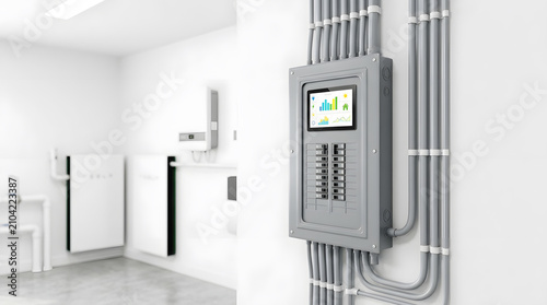 Smart home energy management system with touchscreen | Residential electrical panel with digital monitoring display | Modern solar battery storage and circuit breaker installation | Sustainable energy