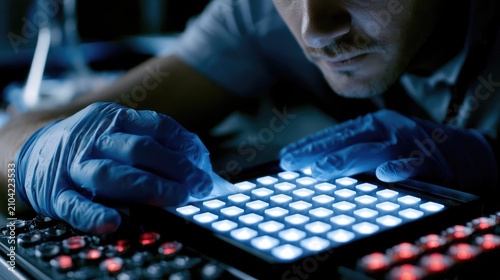 Engaging Close-Up of a Researcher Interacting with Innovative Technology in a Lab Setting