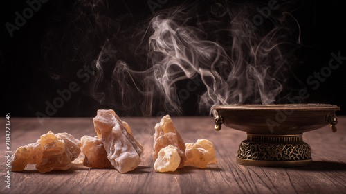 Chunks of semi-transparent frankincense sap next to a classic incense vessel
