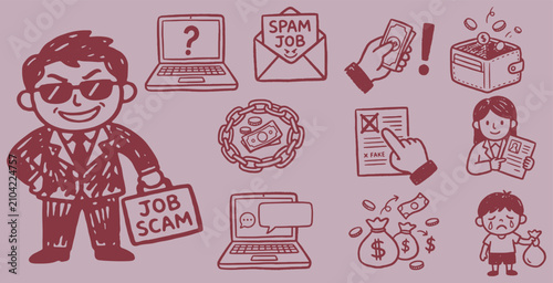 Foto Illustration of a scammer offering a fake job opportunity with a briefcase labeled 'Job Scam' and various icons representing deceit and financial loss
