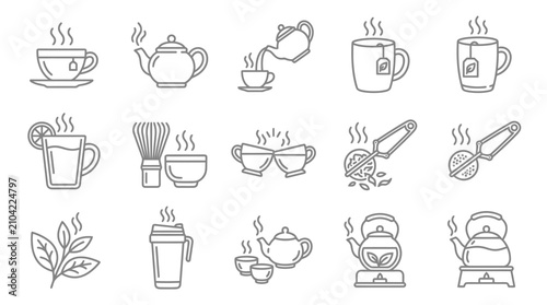 Herbal tea and matcha preparation line icons.