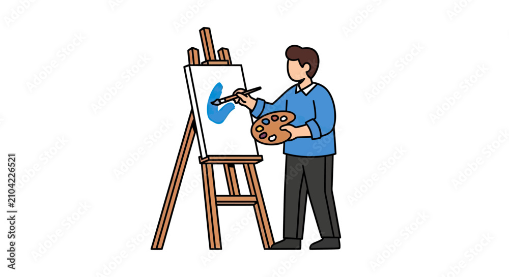 Fototapeta premium Artist painting blue cloud on canvas.