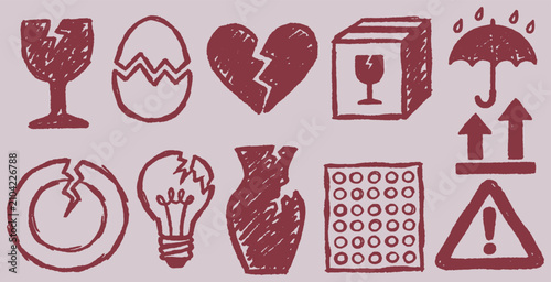 Foto Collection of hand-drawn icons representing fragility, damage, and warning symbols for shipping and handling