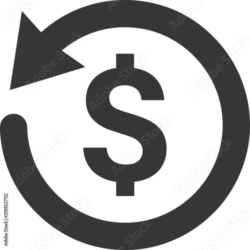 Financial cashback icon showing a dollar sign with a circular arrow representing money refund return exchange and transaction turnover