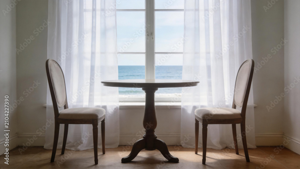 Fototapeta premium Cozy Table by Ocean View Window