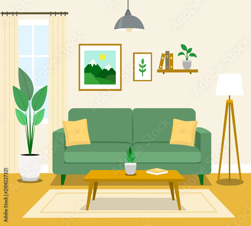 Modern Cozy Living Room Interior Flat Vector Illustration with Green Sofa, Indoor Plants, and Minimalist Home Decor