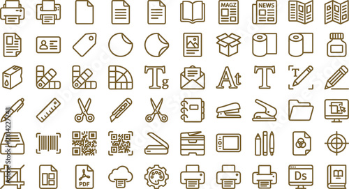 Tableau sur toile Printing and graphic design line icon set featuring publication prepress typogra