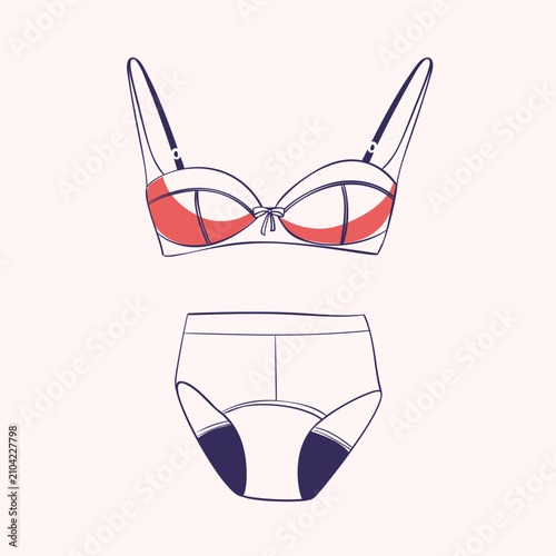 Lingerie set. Trendy female underwear. Panties, bikini and bra. Hand drawn colorful women underwear