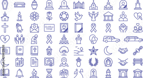 Foto Funeral and condolence outline line icon set featuring burial cemetery mourning