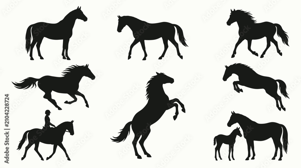 Fototapeta premium Horse silhouette collection featuring different breeds and poses including running jumping rearing walking and standing with foal and rider silhouettes for design.