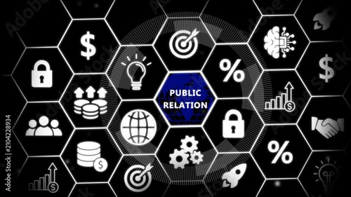 PUBLIC RELATION in organization and business concept with consultant presenting icons of strategy,Exchange traded fund stock market trading investment financial concept.financial icons, 4k