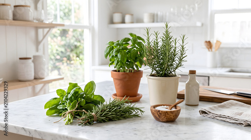 Fresh basil and rosemary arranged on a bright marble kitchen countertop with a wooden salt bowl, potted herbs and soft natural light creating a clean, modern and calming culinary scene