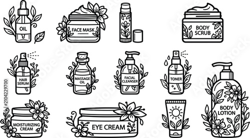 Valokuva Natural organic cosmetics line icon set featuring facial cleanser toner moisturi